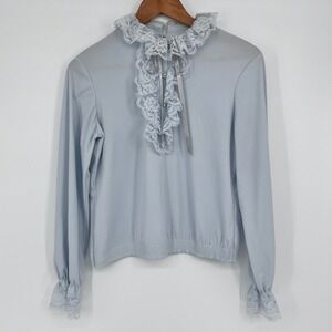 Vintage‎ Mardi Modes Blouse Women 10 Blue Lace Jabot Victorian Romantic Coquette